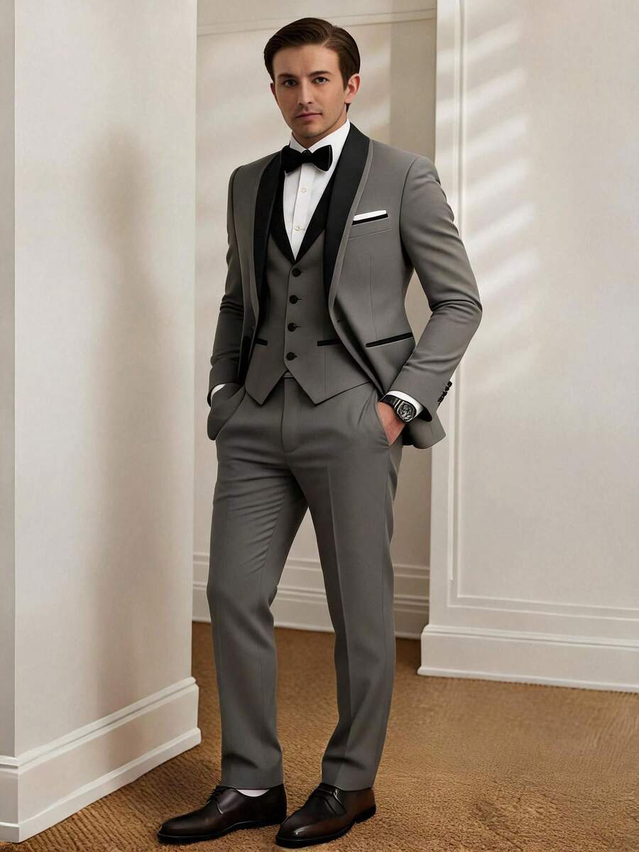 男士春季高品质商务西装三件套，纯色新郎婚礼礼服，修身休闲西装外套、马甲、西裤礼服套装