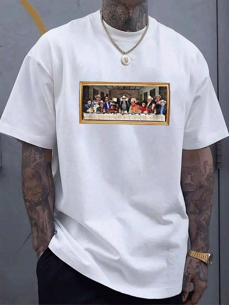Men's T-Shirt With An Original Last Supper Design In A Stylish Denim Style, Perfect For A Casual And Fun Look. A Must-Have In Your Wardrobe! ZPWP - Putih - View 1