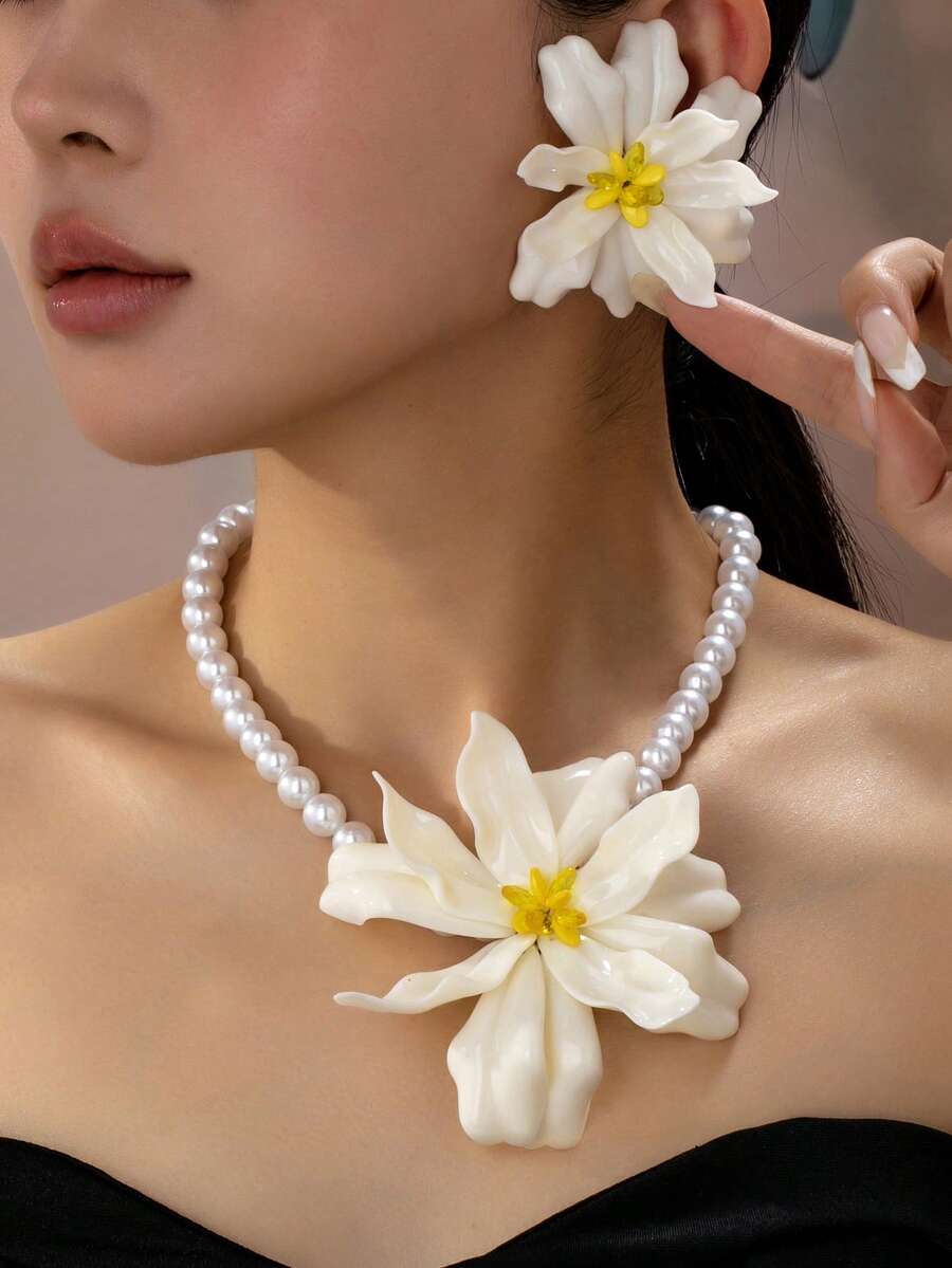 3pcs/Set Fashion Bohemian Style Acrylic Pearl Flower Pendant Necklace And Earrings Set, Suitable For Women's Summer Vacation Wear - White - View 1