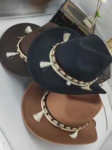 1 pieza Sombrero de vaquero occidental de fieltro de lana, sombrero de jazz con corona texturizada de moda, fedora - Multicolor - Ver 9