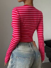 Women's Fitted T-Shirt With Round Neck, Long Sleeves, Pleats, Solid Color, Suitable For Summer, Autumn/Winter And Casual Spring Seasons - 紅玫瑰 - 查看 6