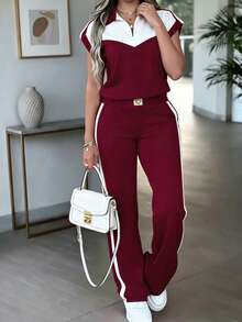 Spring/Autumn Women's New Fashion 2-Piece Casual Set, Colorblock Short Sleeve Top, Spring Break Casual Outfit For Women Summer Elegant - Burgundy + White - View 6