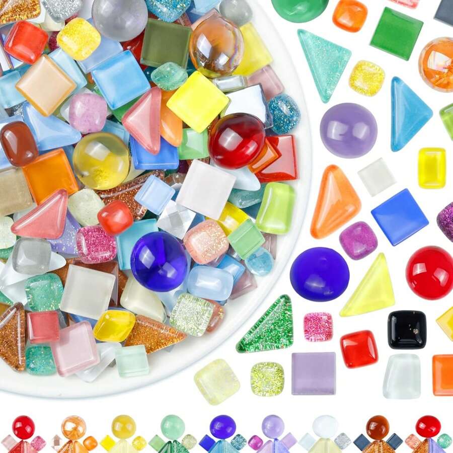 120g Piezas de mosaico de vidrio de formas mixtas multicolor, azulejos de vidrio teñido surtidos cuadrados redondos y triangulares con efecto de brillo para manualidades de arte de mosaico DIY, decoración del hogar y proyectos hechos a mano - A - Ver 1