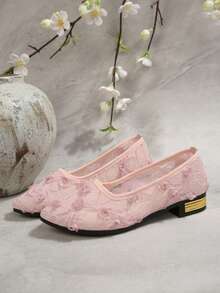 2026 New Pink Lace Low Vamp Slip-On Pumps For Women, Breathable Mesh 3D Rose Soft Sole Chunky Low Heel Shoes - Pink - View 6