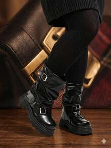 Women's Wide Fit Plus Size Thick Sole Mid-Calf Boots, Autumn/Winter Cross Lace-Up Boots, Punk Style Wide Shaft Leather Belt Buckle Inner Zipper Boots - Black - View 5
