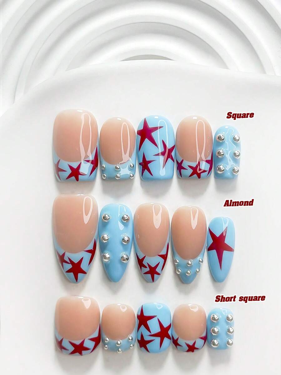 10Pcs Unique Style Handmade Press On Nail,Polygel Nail Set,Polka Dot And Star Designs,Blue And Red Nail Polish,Lively Style,Includes Nail Tools,3 Sizes Available,Square,Short Square,Almond,Nails For Party,Dance,Daily Wear. - 彩色 - 查看 1