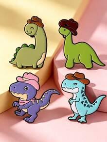 4pcs Cartoon Dinosaur Hat Brooch Set For Women, Can Be Used As Bag Pin And Clothing Accessory, Fashion Jewelry, Daily Wear, Gift For Friends - Multicolor - View 2