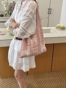 Dedoo Bolso de hombro bohemio de moda multicolor, diseño de ganchillo con patrón de tortuga marina, bolso de gran capacidad con apertura superior, material de poliéster beige con sensación v - Rosa 4 - Ver 4