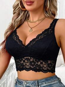 [2 Ways To Wear]Women's Floral Lace Patchwork Bra, Women's Wearable Lingerie, 3D Floral Lace Design, V-Neck Design To Shape The Bust, Wavy Lace Edges, 2 Ways To Wear: Straight Back/Cross Back, Can Be Freely Switched For Different Outfits, Suitable For Daily Casual, Dating, Etc., Breathable And Soft Material, Comfortable And Unrestricted Wear, Women's Daily Casual Bra, Women's Unrestricted Bra - Black - View 3
