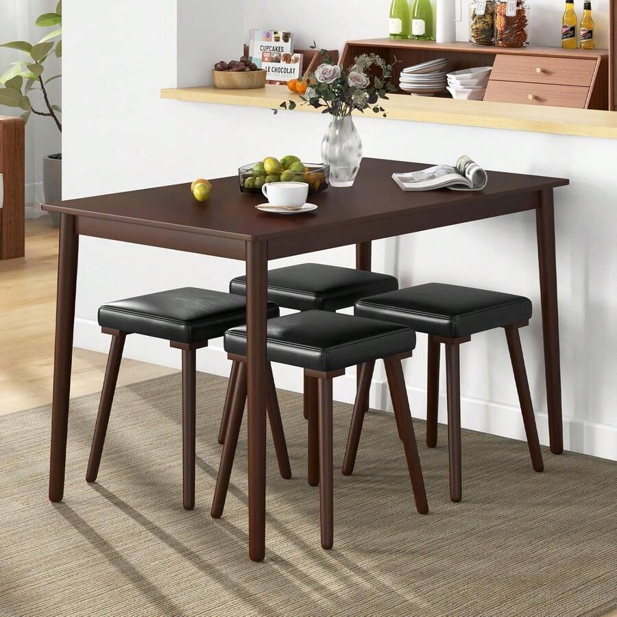 5-Piece Dining Table Set For 4 - Dining Table With 4 Upholstered Stools, Rubber Wood Legs, Space-Saving Dinette Table Set, Breakfast Nook Table Set For Living Room, Kitchen Table Chairs Set - Brown - View 1