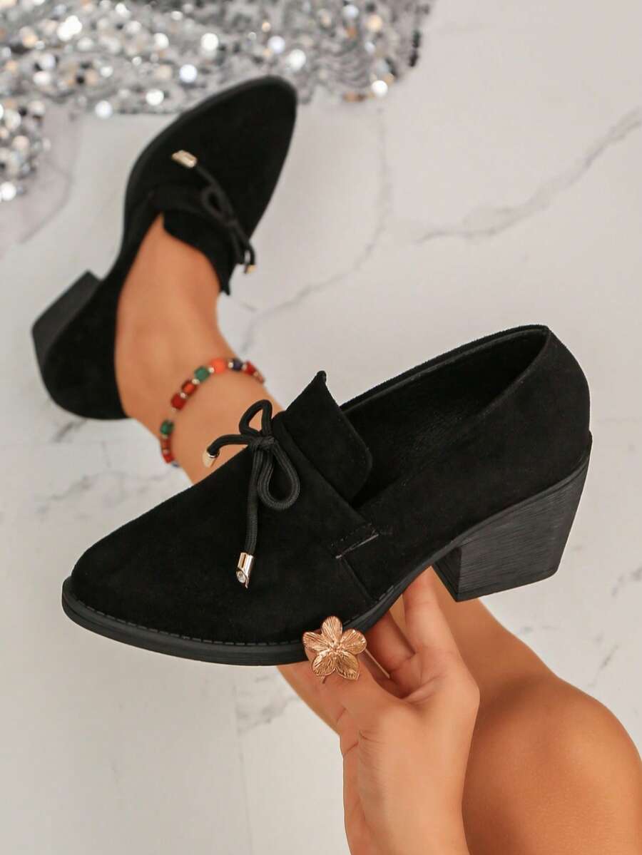Pointed Toe Mary Jane Suede Women's Shoes Plus Size All Season New Slip-On Versatile Comfortable Thick Heel Low Vamp Shoes - Black - View 1