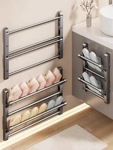 1pc Multi-Functional Foldable Storage Rack | Wall-Mounted, No-Drill, Multi-Layer Drainage Storage, Bathroom Shoe Cabinet And Slipper Storage Rack, Over-The-Door Bathroom Storage Rack, Multi-Purpose Organizer - Grey - View 1