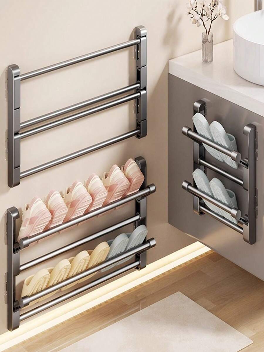 1pc Multi-Functional Foldable Storage Rack | Wall-Mounted, No-Drill, Multi-Layer Drainage Storage, Bathroom Shoe Cabinet And Slipper Storage Rack, Over-The-Door Bathroom Storage Rack, Multi-Purpose Organizer - Grey - View 1