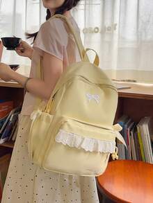 學院風蕾絲蝴蝶結後背包，青少年女孩日常上學包，休閒校園日常後背包，輕量多功能學生後背包 - 多色 - 查看 3