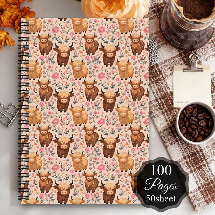 1pc Of Stylish Spiral Notebook Featuring Highland Cattle From Scotland - A Humorous Planner For Fans Of Highland Cows, A Charming Personal Organizer With A Travel Journal Theme, Perfect Birthday Present For Women And Friends - G - View 1