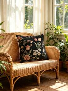 1/2/4Pcs 2D Flat Printed Exquisite Floral Pattern Single-Sided Printed Pillowcase Sofa Cover - Non-True Embroidery, Home Decor Pillowcase - Black and Pink - View 4