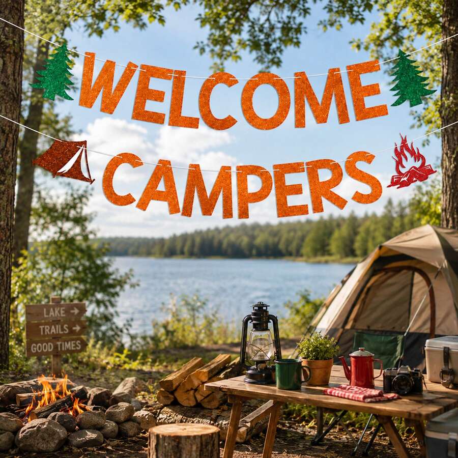 1 Set Welcome Campers Orange Glitter Banner - Camping Theme Birthday Bachelorette Party Decor, Family Camp Day Party Decor, Forest Adventure Decorations - Welcome Campers - View 1