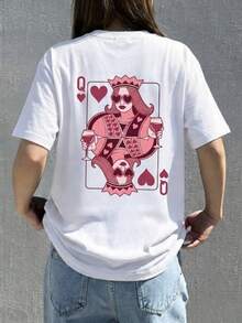 1件女款夏季寬鬆休閒圓領短袖T恤上衣 INS 風格，附「Queen Of Hearts」紅酒主題印花圖案，白色 - 白色 - 查看 6