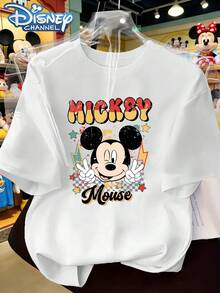 Disney Mickey Mouse Classic Cartoon Character Print T-Shirt,  Crew Neck Casual Top, Official Disney IP Clothing - 白色 - 查看 1