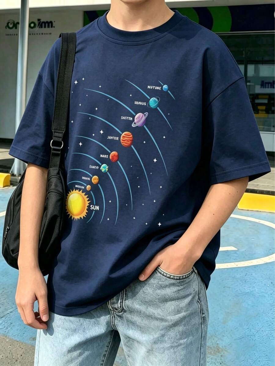 [返校季]青少年男孩 1件印花套頭短袖T恤 學生青少年兒童夏季上衣 - 藏蓝色 - 查看 1