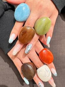 6pcs/Set Vintage Exaggerated Oval Wide Face Oversized Resin Ring Set, Colorful Dual-Tone Tie Dye Thick Chunky Women's Rings, Fashion Charm Jewelry - Multicolor - View 9