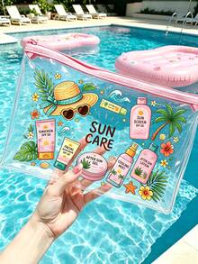「Sun Protection」印花 PVC 化妝包，拉鍊式 PVC 旅行收納袋，輕量耐褪色化妝盥洗包，符合 TSA 標準且易攜帶，易擦拭清潔，適合送給老師或朋友的禮物，也是學校假期旅行必備的防水盥洗包 - 彩色 - 查看 2