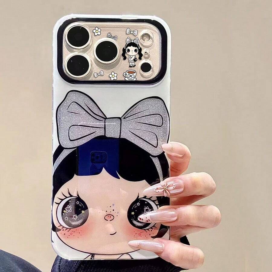 1pc Cute Doll Design Phone Case, High-Definition Printed Glitter Lens Frame + Big Bow Pattern, Scratch-Resistant Soft Full-Coverage Case, Suitable For 17/16/15/14/13 Pro Max, Sweet & Adorable Style, Daily Drop & Scratch Protection, Y2K Aesthetic - Black and White - View 1