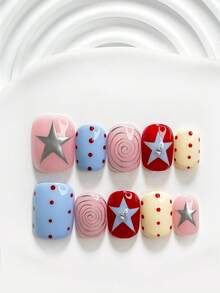 10Pcs Retro Style Handmade Press On Nail,Polygel Nail Set,Polka Dot And Star Designs,Blue,Red And Yellow Nail Polish,Vibrant Style,Includes Nail Tools,3 Sizes Available,Square,Short Square,Almond,Nails For Party,Dance,Daily Wear. - 彩色 - 查看 13