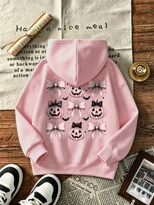 Baby Girls Halloween Graphic Hoodie, Cute Pumpkin Bow Spider Web Bat Print Long Sleeve Pullover Hooded Sweatshirt For Fall Daily - Pink - View 4