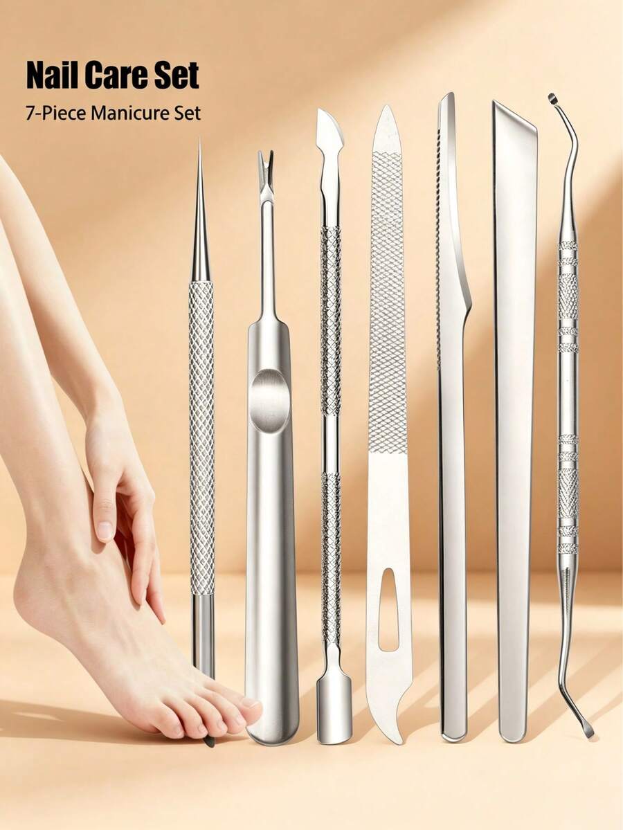 7-Piece Stainless Steel Manicure & Pedicure Tool Set, Multi-Size Precision Steel Dead Skin Pusher, Steel File, Scraper, Nail Cleaner, Home Personal Hand & Foot Care Repair Tool Kit