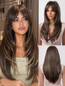 22 Inch Layered Straight Synthetic Wig With Curved Bangs, Gradient Brown And Light Brown Highlights, Suitable For Women's Daily Wear, Dates And Parties, Halloween - Multicolor - View 2