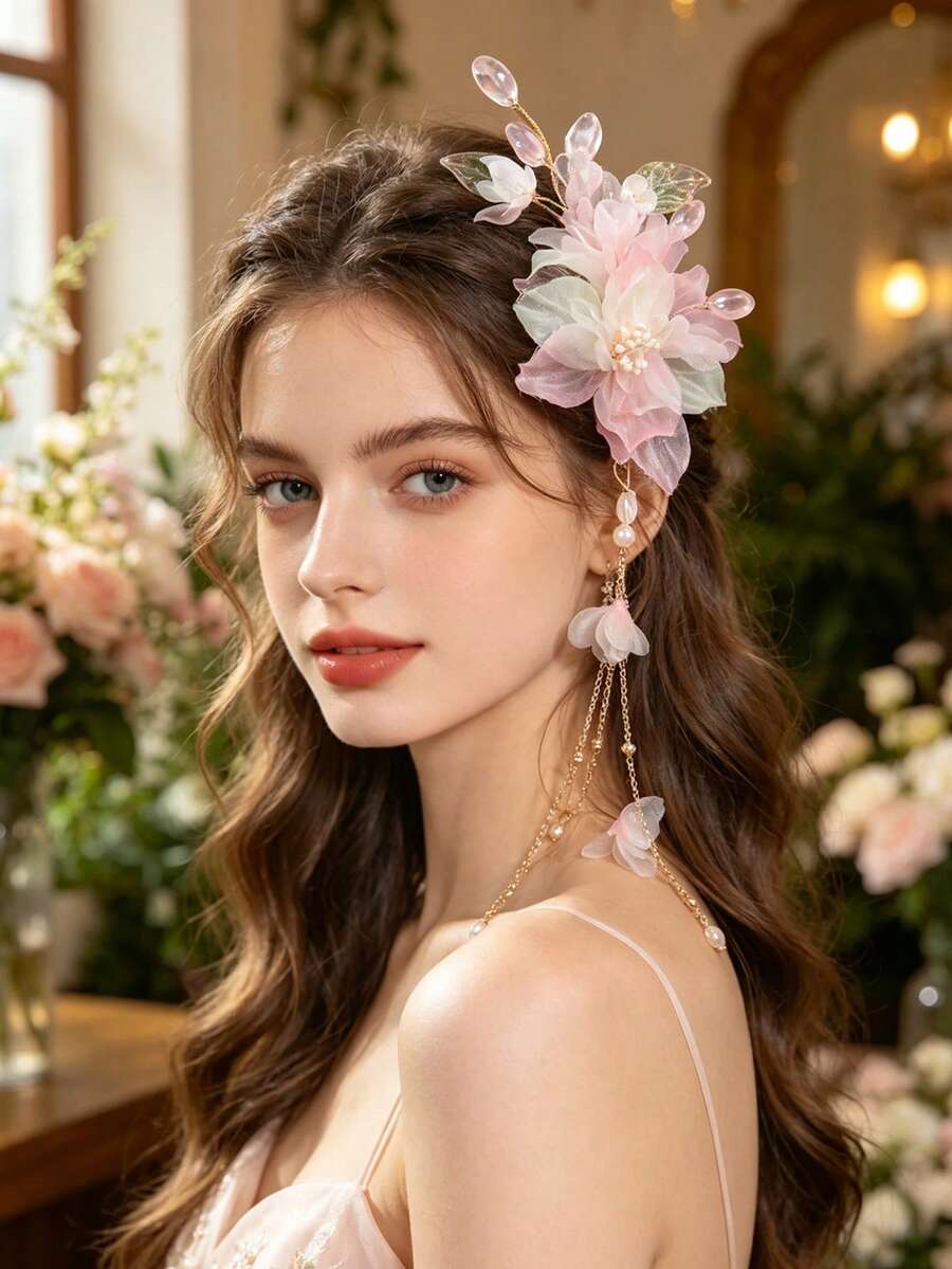 1pc Silk Chiffon Bead String Glass Slice Bridal Hair Accessory Tassel Decoration Wedding Season Updo Hair Clip,Hair Claws - 9452 - View 1