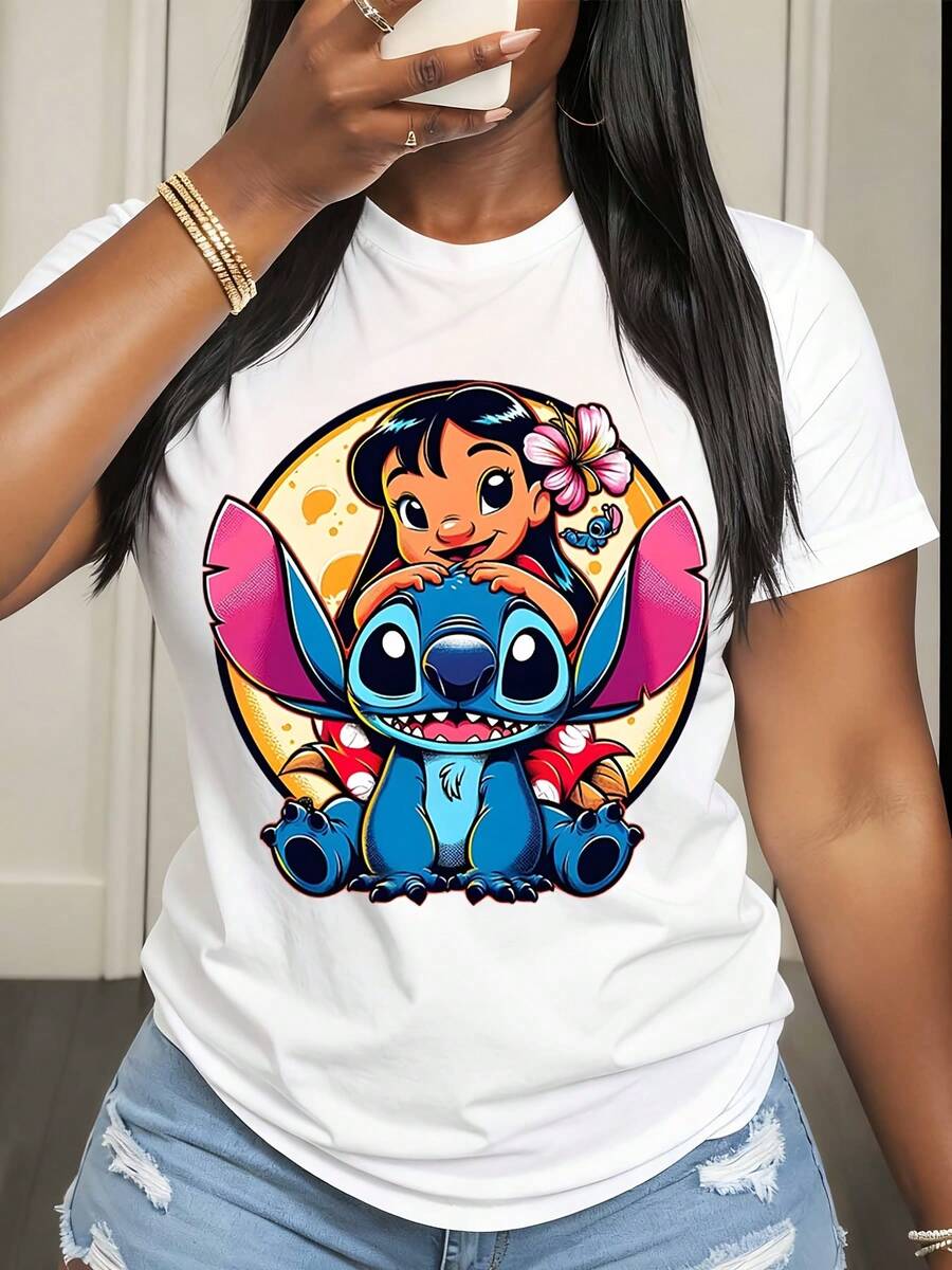 Disney Lilo And Stitch Character Print T Shirt Women Casual Summer Fashion Streetwear Style - 白色 - 查看 1