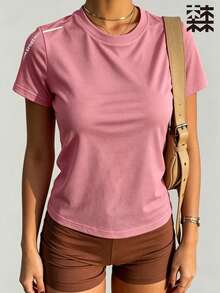 mulinsen 女款快乾網眼運動短袖上衣，極簡 SPORT 字母印花圓領修身健身 T-shirt - 粉色 - 查看 4
