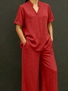 Conjunto de 2 piezas de talla grande para mujer con top de manga corta con cuello entallado y pantalón  con bolsillos, estilo minimalista casual para el trabajo, el trayecto - Rojo - Ver 1