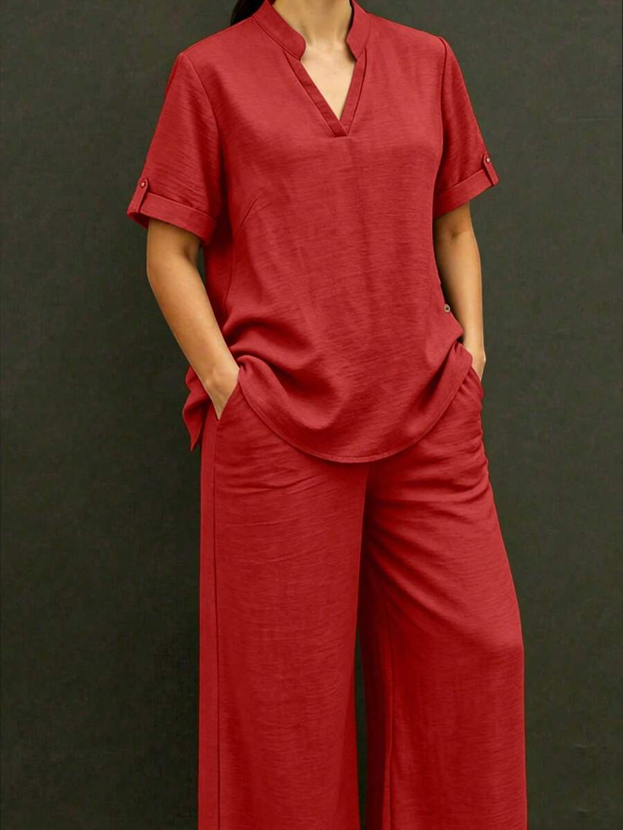 Conjunto de 2 piezas de talla grande para mujer con top de manga corta con cuello entallado y pantalón con bolsillos, estilo minimalista casual para el trabajo, el trayecto - Rojo - Ver 1