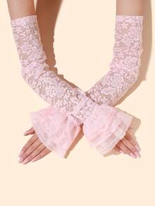 1 Pair Women's Vintage Rose Lace Long Arm Sleeves, Layered Ruffle Wrist Cuffs, Gothic Style Dress Accessories, Sheer Mesh Lace Arm Covers, Wavy Edge Fingerless Gloves, Bridal Banquet Photography Atmosphere Props, High-End Floral Lace Long Gloves, Elegant Ruffle Design, Exquisite Accessories For Cheongsam / Evening Dress - A - View 5