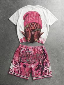 FRACTYR Herren amerikanischer Streetwear Stil rosa Camouflage Stern Muster Rundhals Kurzarm T-Shirt und Shorts mit Kordelzug, bequem und atmungsaktiv, geeignet für den Sommer - Weiss - Übersicht 5