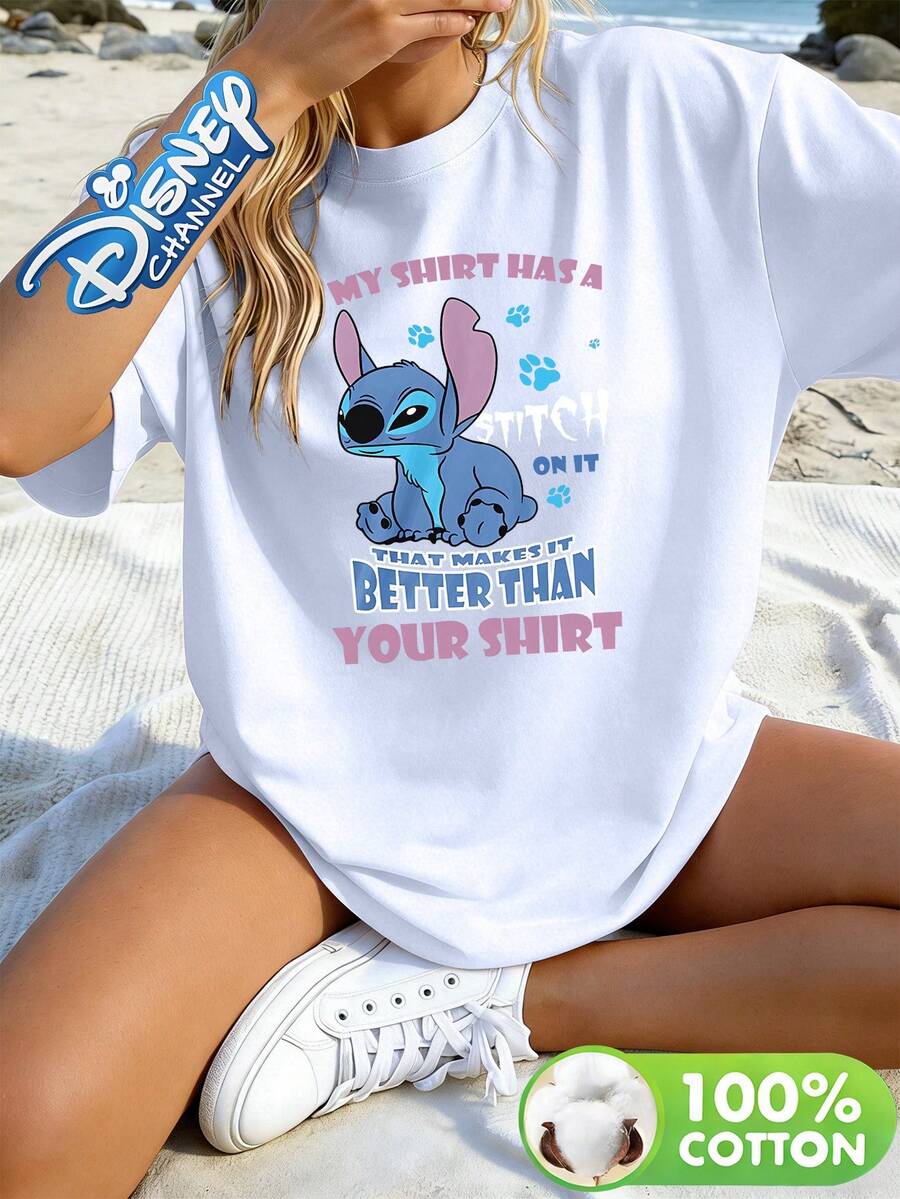 Disney Lilo & Stitch "My Shirt Has A Stitch On It" Quote Print Crew Neck Tee, Funny Sassy Cartoon Casual Top - 白色 - 查看 1