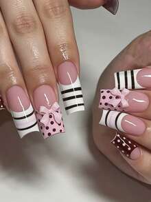 24PCS Medium Water Pipe Fake Nails Nude Pink Nails Pink Bow Accessories Wide French Polka Dot Color Block Striped Y2K Style Millennium Style Cool Fashion Novelty Suitable For Women And Girls Suitable For Campus Work Travel Beach Anime Party Wear Suitable For Gifts Press-On Removable Reusable Press-On Nail Manicure Set - Multicolor - View 9