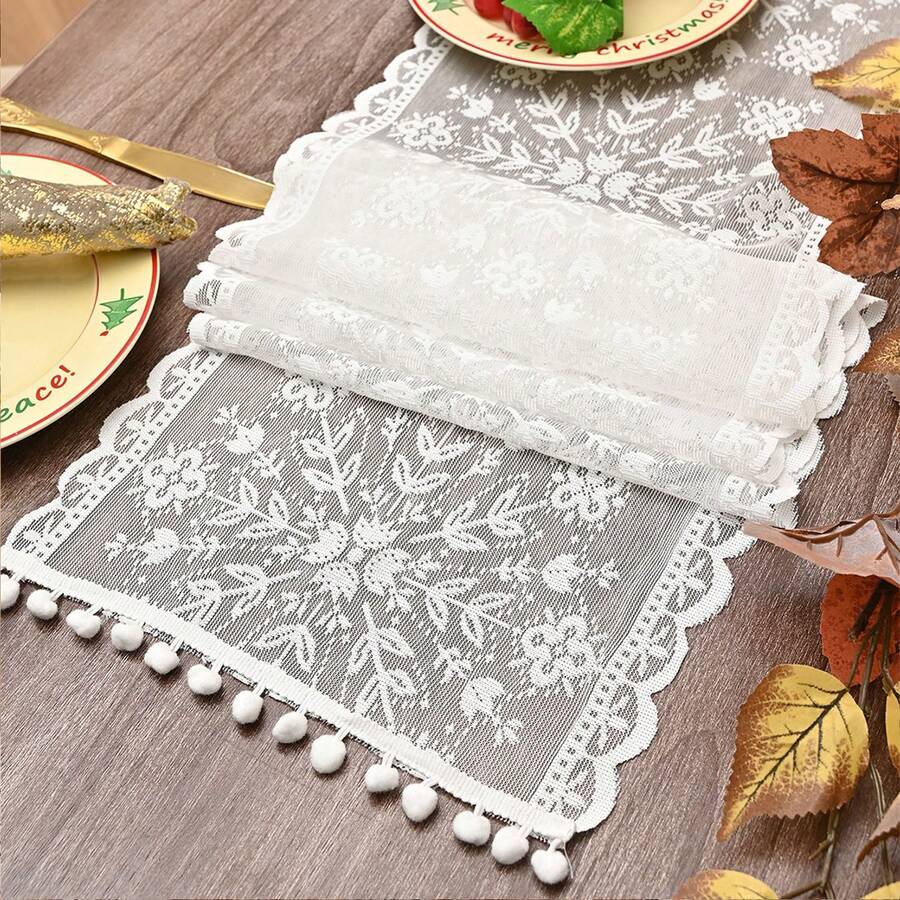 Taplak Meja Motif Kepingan Salju Renda Putih dengan Hiasan Pom Pom, untuk Dekorasi Rumah Natal di Dalam & Luar Ruangan & Dekorasi Suasana Pesta - Berbagai gaya - View 1