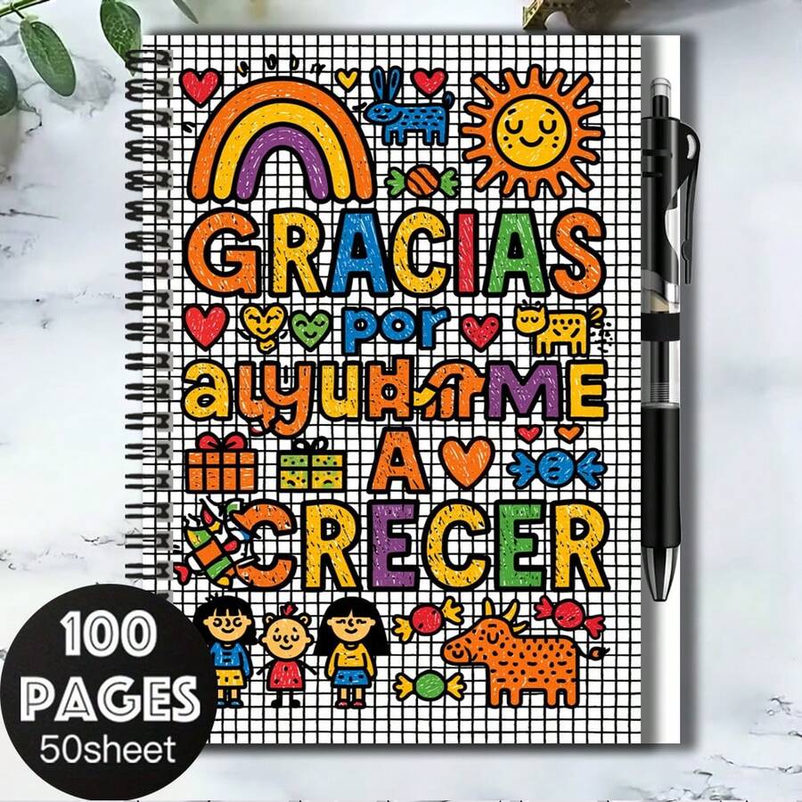1套可愛童趣風2D封面螺旋線圈筆記本組,印有「GRACIAS POR AYUDAME A CRECER」及其他彩色文字與圖案。100頁大容量,50張。附贈配套筆,適合開學、工作、學習、日記、日常規劃等,也是畢業和生日的貼心禮物選擇。 - H - 查看 1