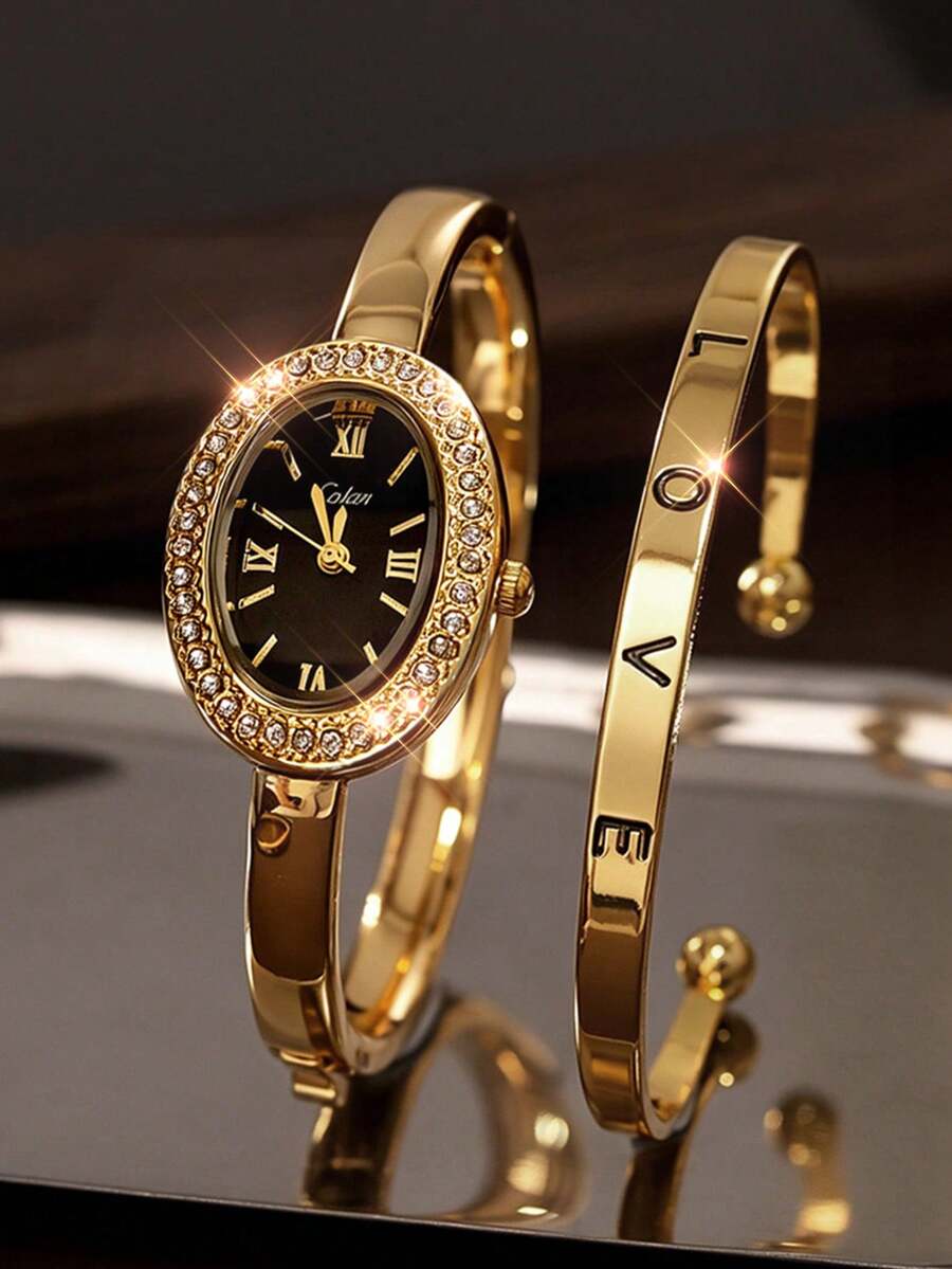 This 2pcs/Set Elegant Rhinestone Watch Is A Fashionable, Minimalist, Luxurious Full Rhinestone Women's Quartz Watch, Paired With A Heart-Shaped Diamond Bracelet Set, Suitable For Holidays, Parties, Weddings, Gatherings And Daily Wear, Making It The Perfect Gift For Women. - Gold - View 1