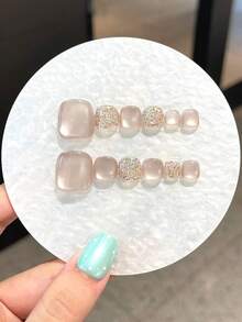 12片Y2K手工穿戴式腳趾甲片，白色水鑽法式鑲嵌金屬質感，Chiblati風格，可拆卸，適合女性與女孩日常、派對與聚會場合佩戴的手工穿戴甲 - 白色 - 查看 13