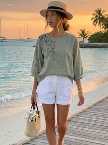 Women's Embroidered Loose Bohemian Vintage Shirt, Spring/Summer Vacation Casual Blouse - Grey - View 2