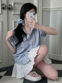 Women's Fashion Button Striped Shirt Collar Short Sleeve Top, Suitable For Daily Wear With Headband Summer - Baby Blue - View 5