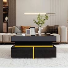 High-Gloss Coffee Table / Modern Coffee Table / MDF Living Room Table / Side Table With Drawers And Gold Accents / With Two Drawers / Easy To Clean And Assemble - Black - View 4