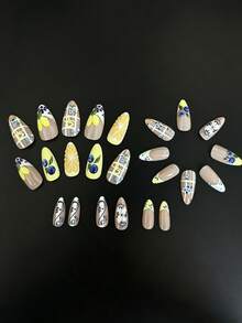 24片復古青花瓷檸檬與藍莓穿戴式美甲貼，中長杏仁形3D檸檬與藍莓花卉假指甲，夏季水果美甲套組，青花瓷花卉圖案，3D檸檬片與飽滿藍莓果實；格紋、新鮮水果、瓷藤、法式指尖設計，水果美甲，夏季美甲，3D美甲，日常通勤，夏季海邊旅行，野餐，下午茶，約會，休閒聚會 - 彩色 - 查看 3