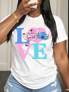 Disney Stitch And Lilo Love Heart Print T Shirt Women Casual Summer Fashion Graphic Tee For Everyday Wear And Outings - 白色 - 查看 1