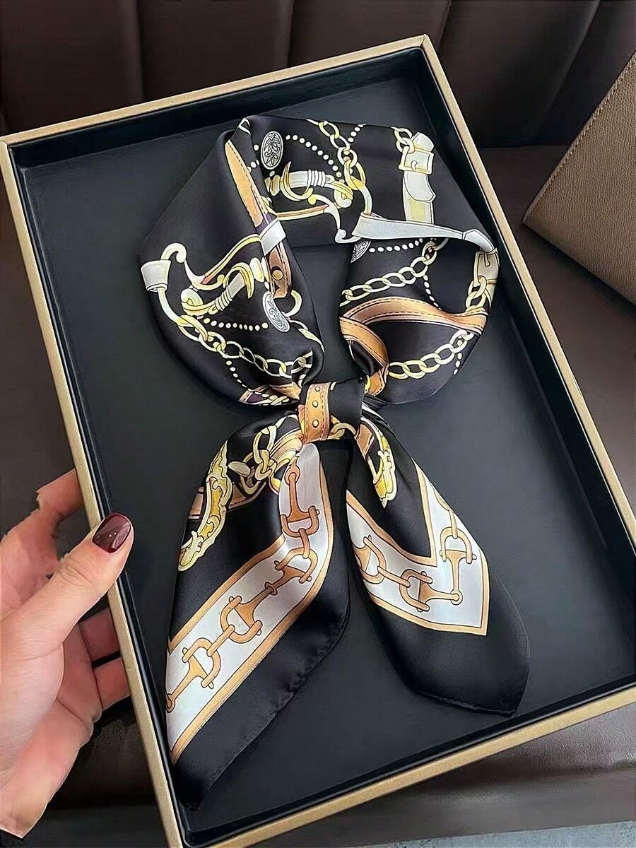 1件仿絲鏈條印花正方形女款方巾，可作腰帶領巾纏繞裝飾絲巾，適用於日常佩戴的領帶與髮飾 - 黑色 - 查看 1